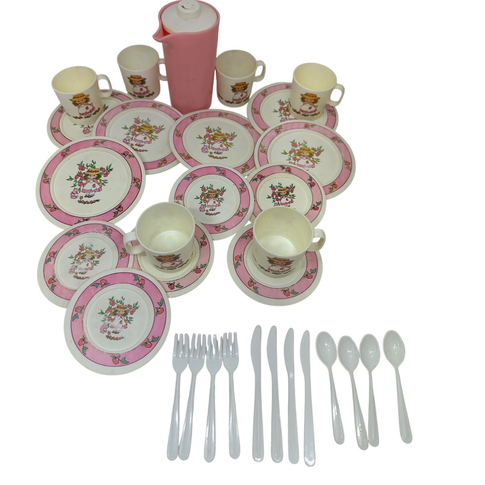 VTG Strawberry Shortcake Toy Tea Set Pink White Plastic Dishes Pitcher Flatware